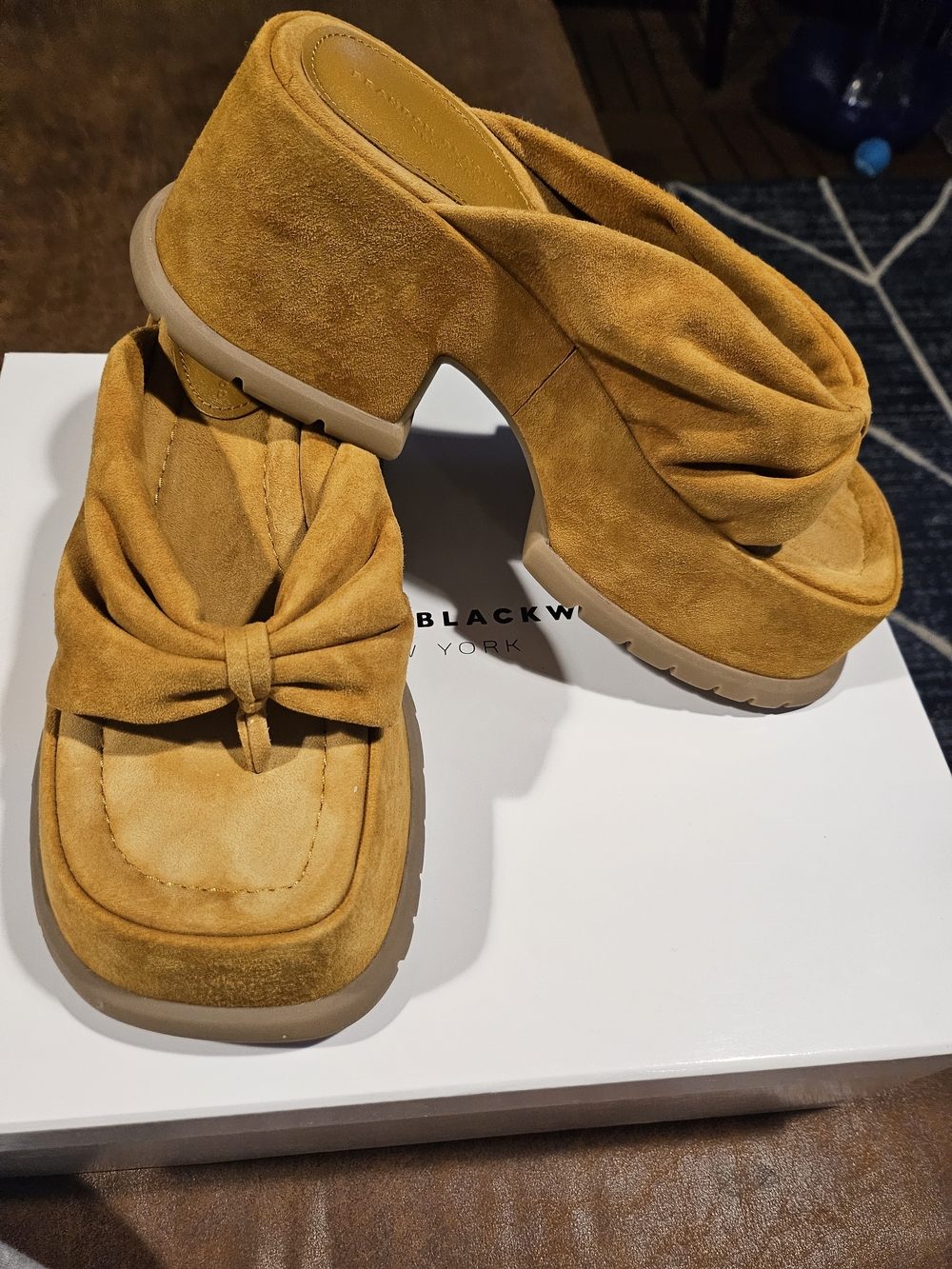 Brandon Blackwood Mustard Suede Knotted Platform Mules